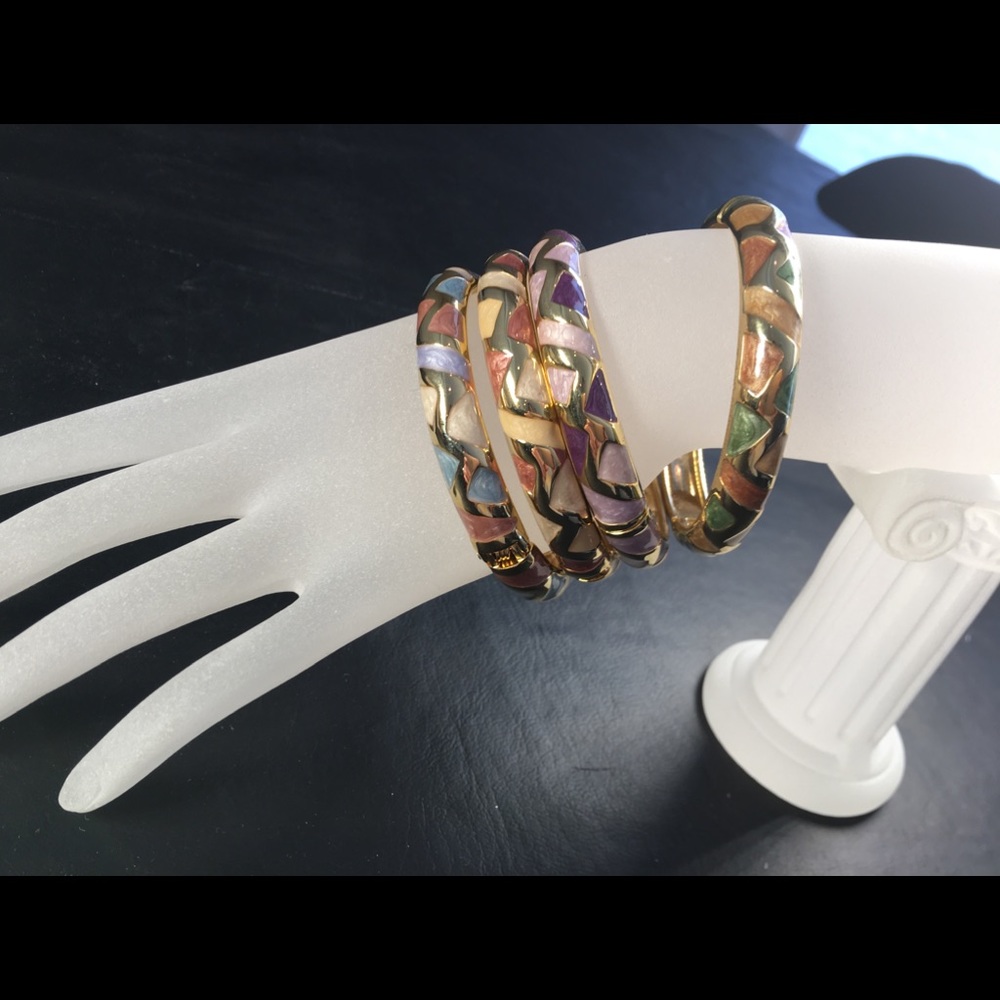 4 Brass Bangles - Mother of Peal Various Stones